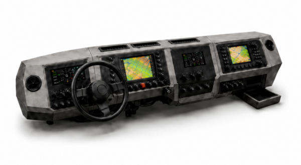 Modular composite dashboard for military vehicle — front, top and side view with dimensions | Modulaarinen komposiittikojelauta sotilasajoneuvoon — etu-, ylä- ja sivunäkymä mitoituksineen