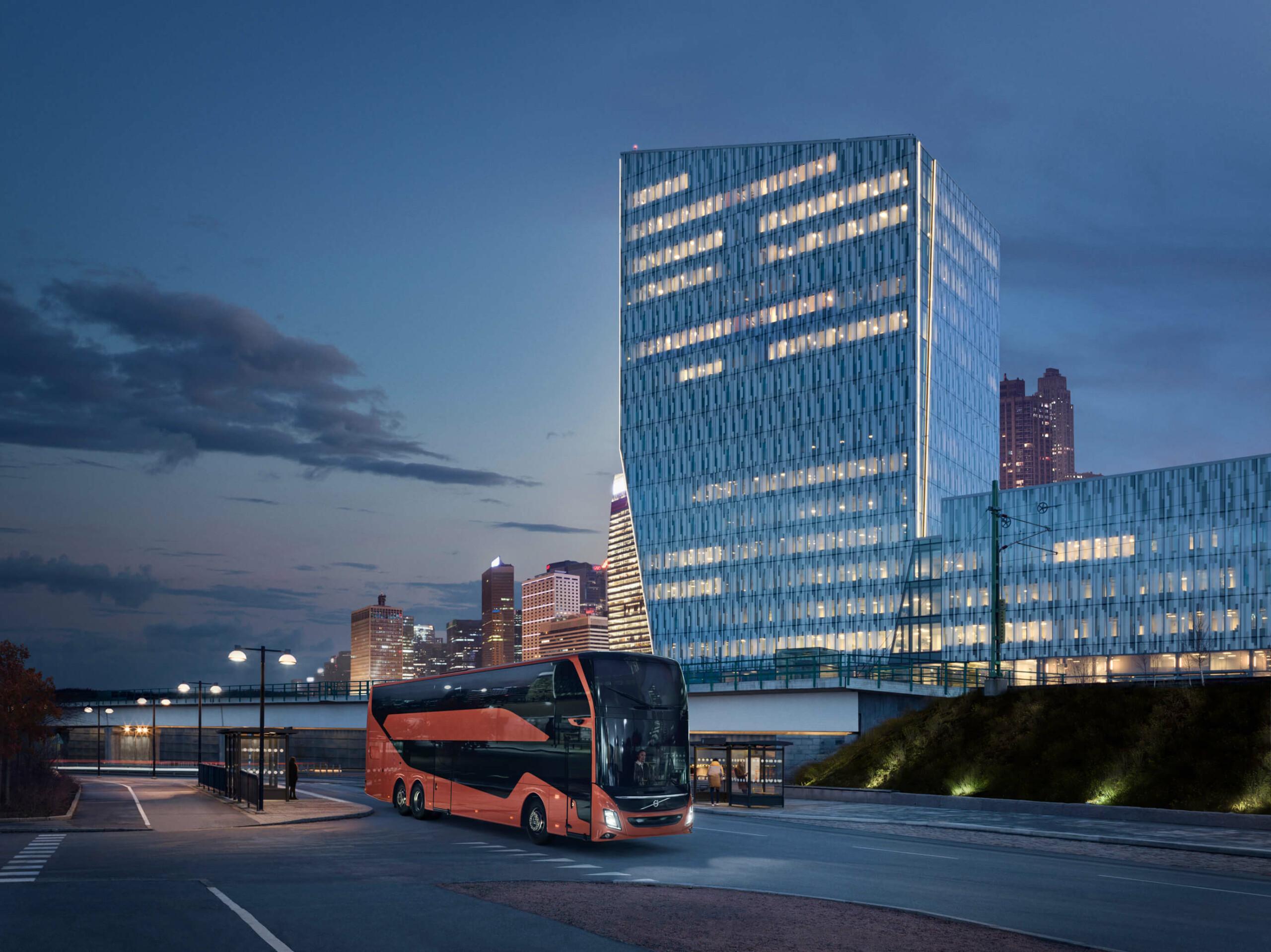 Volvo bus at city in the night