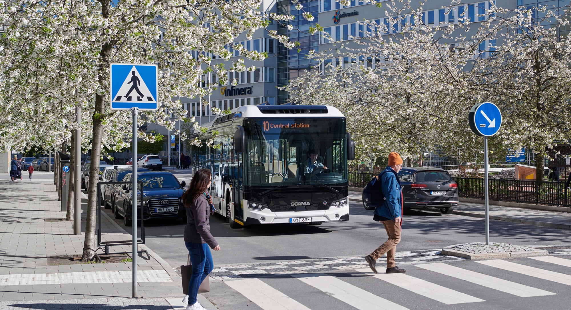 A bus waiting for pedestrians